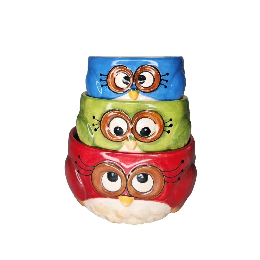 Set Of 3 Laurie Furnell Painted Ceramic Owl Bird Measuring Cups Nesting Colorful